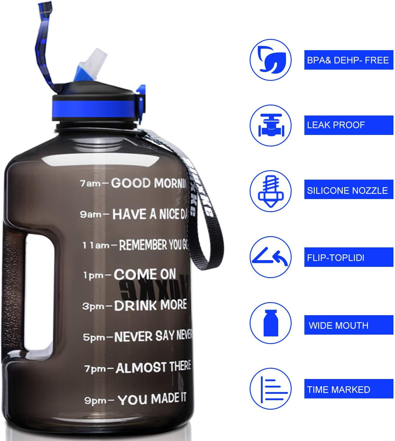 1 Gallon Motivational Sports Water Bottle with Time Marker, BPA Free 128oz Leak Proof Jug, Black, Plastic, 128