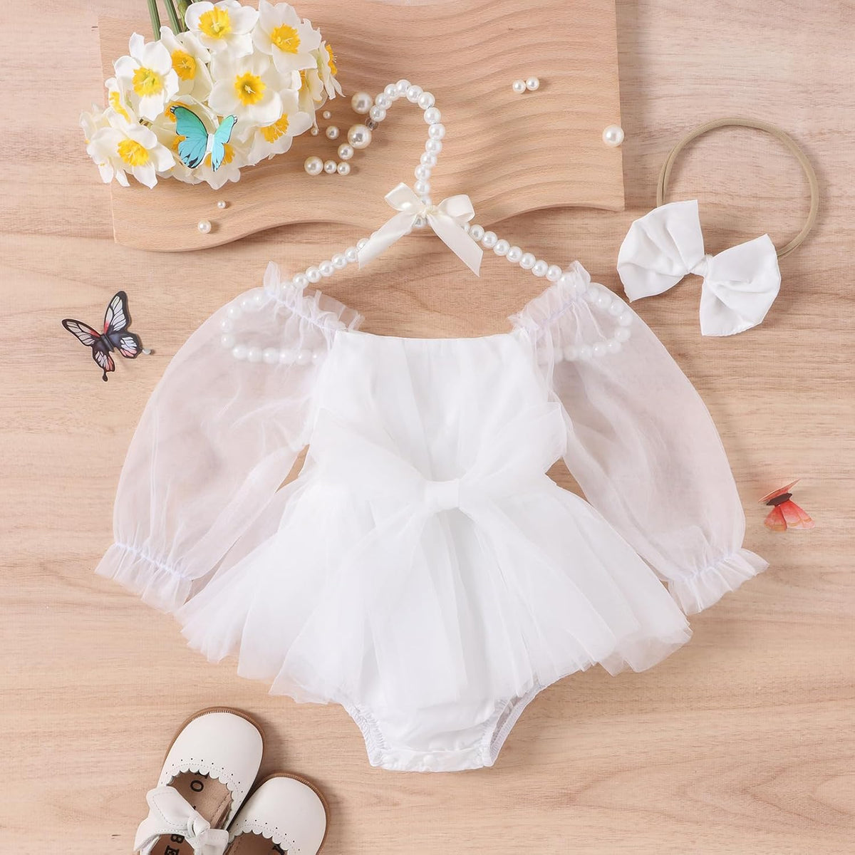 Newborn Baby Girl Romper Dress Flower Embroidery Tutu Princess Long Sleeve One-Piece Bodysuit Cake Smash Outfit
