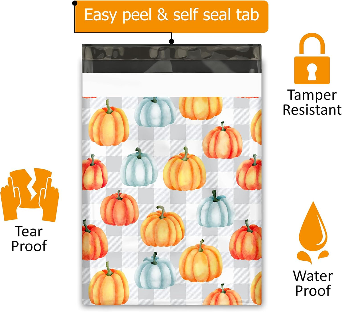 10x13 (100) Fall Pumpkin Designer Poly Mailers Waterproof Self Sealing Tear Resistant Polymailers Shipping Envelopes