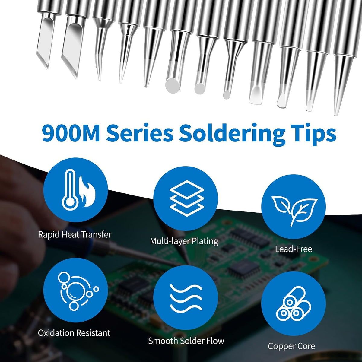 900M Soldering Iron Tips 12 Pcs, Replacement Solder Tips Compatible with HAKKO, Atten, Quick, Aoyue, Vastar, Ryobi