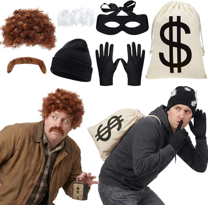 Robber Costume Accessory Halloween 7Pcs Bank Thief Money Bag Hat Wig | Money Bag, Bat Eye Mask, Beanie Hat, Gloves