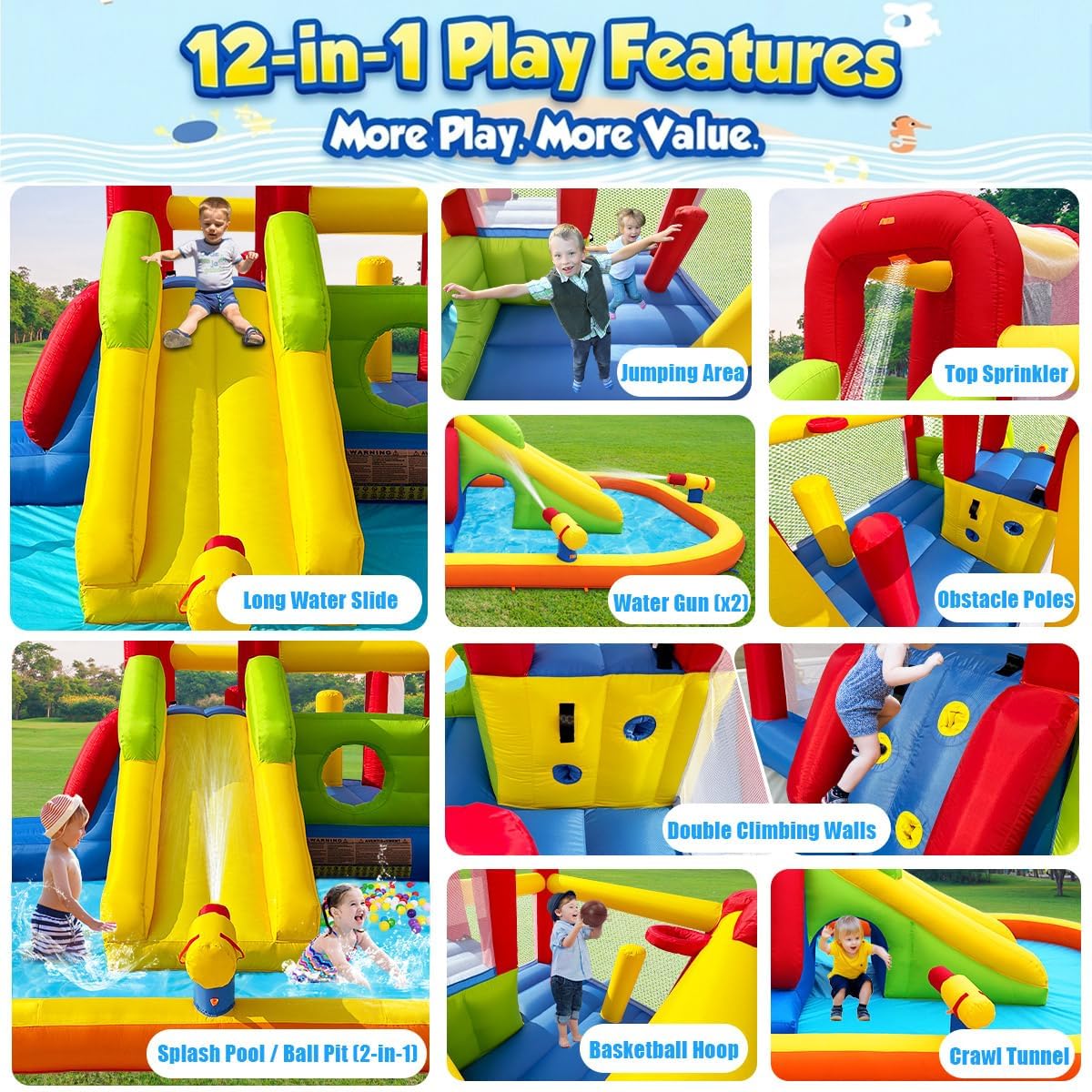 Inflatable Water Slide Bounce House for Kids, 12-In-1 Water Park with Splash Pool, Double Cannons, 2 Climbing Walls