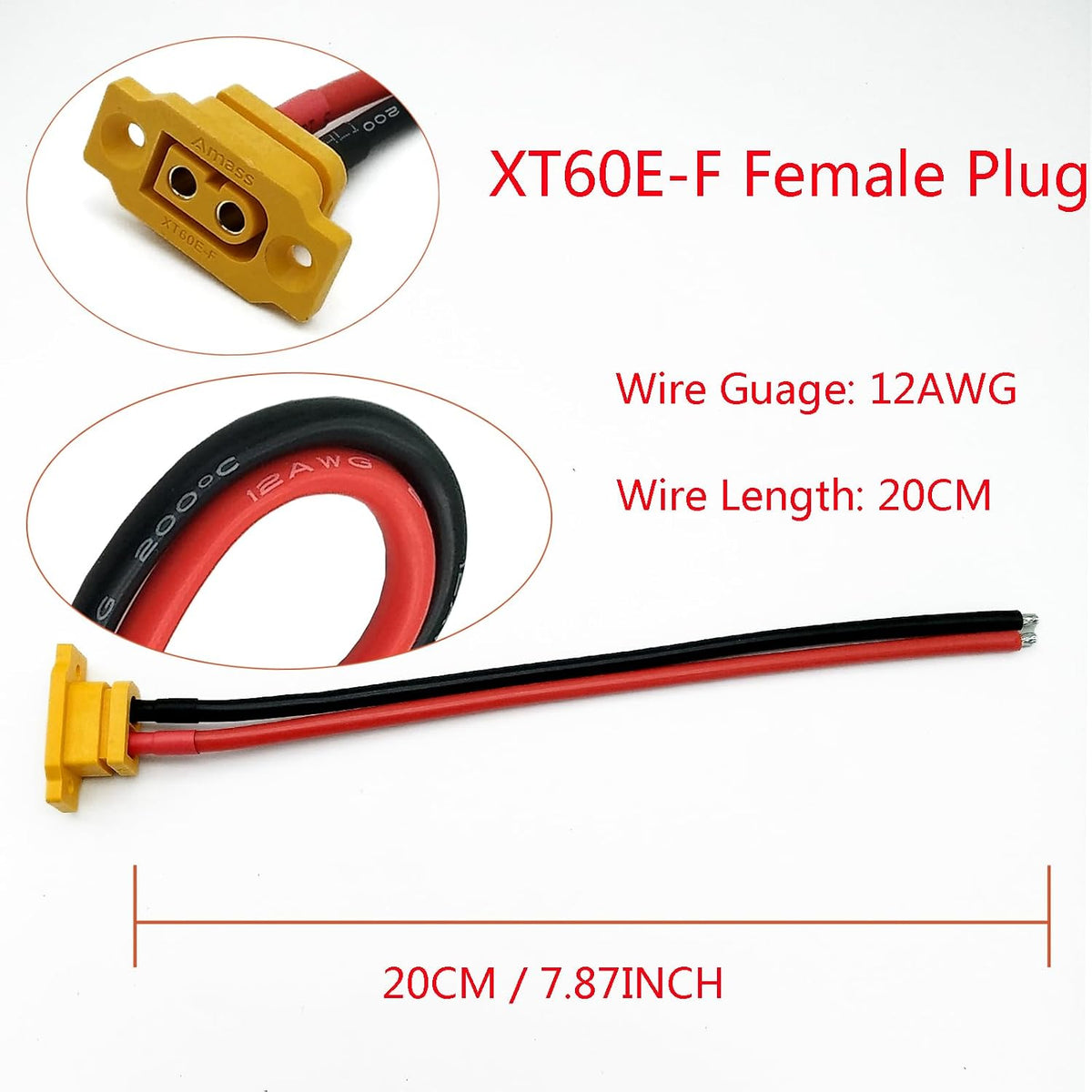 2pcs XT60E-F Female Plug XT60 Panel Mount Female Connector with 20CM 12AWG Cable for RC Lipo Battery FPV Racing Quadcopter Drone (XT60E-F Cable)
