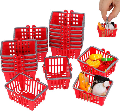 20pcs Mini Shopping Baskets, Plastic Grocery Baskets with Handles | Red Mini baskets for kids pretend play, dollhouse