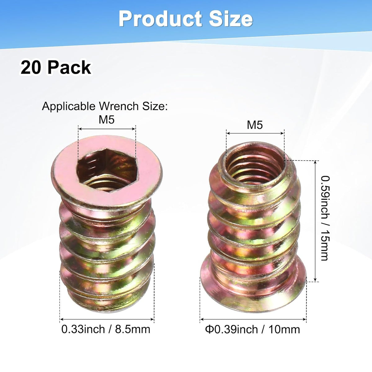 M METERXITY 20-Pack Threaded Inserts for Wood M5x15mm Gold Tone