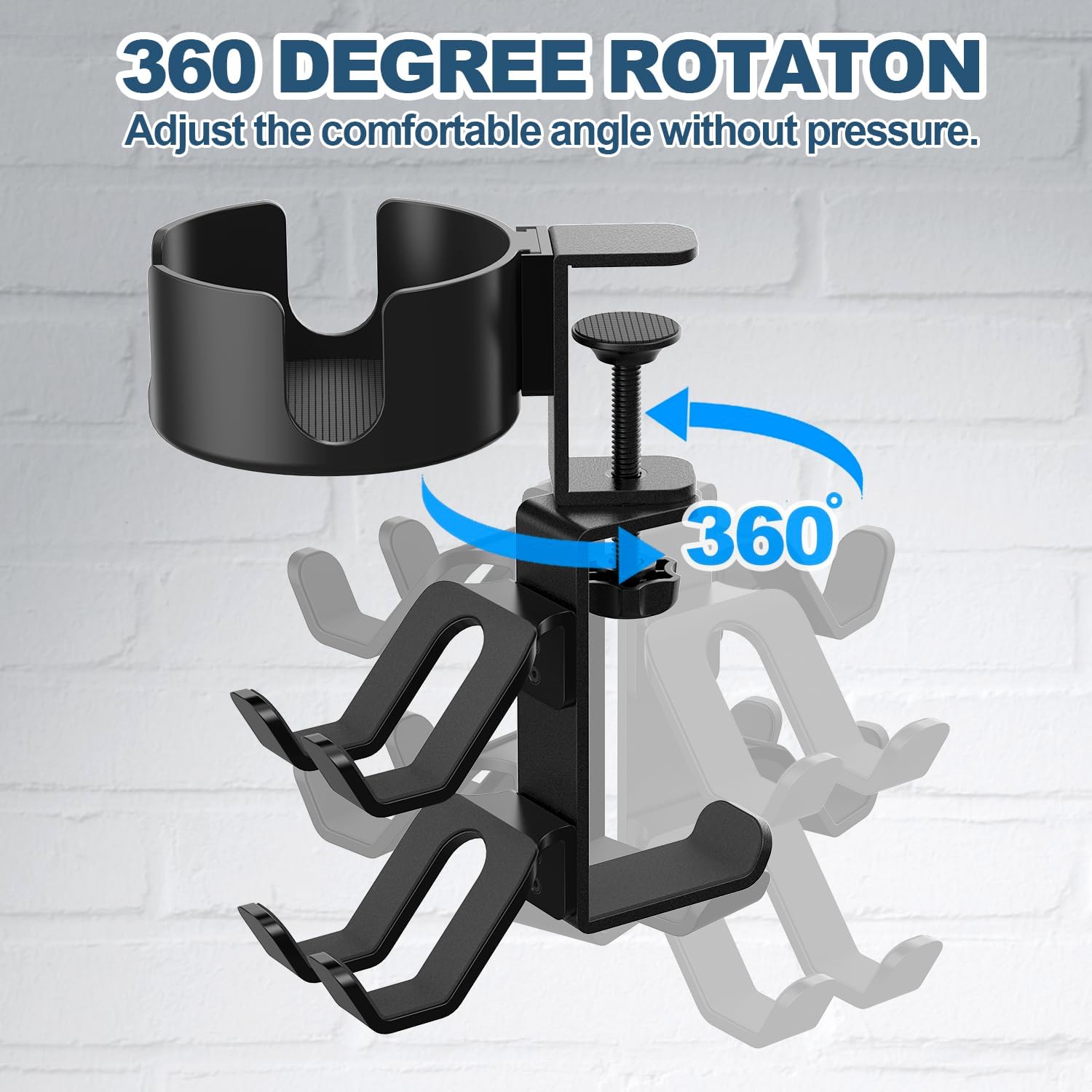 4 in 1 Desk Cup Holder with Headphone Hanger and Controller Stand Gaming Accessories, Universal Adjustable & Rotating