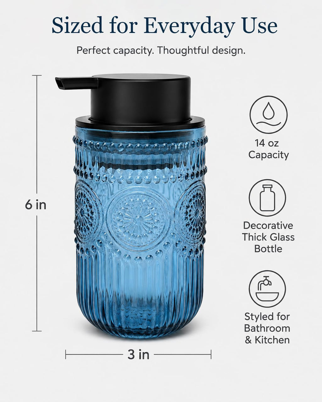 Foaming Soap Dispenser, Vintage Embossed Glass Foam Soap Dispenser, Blue