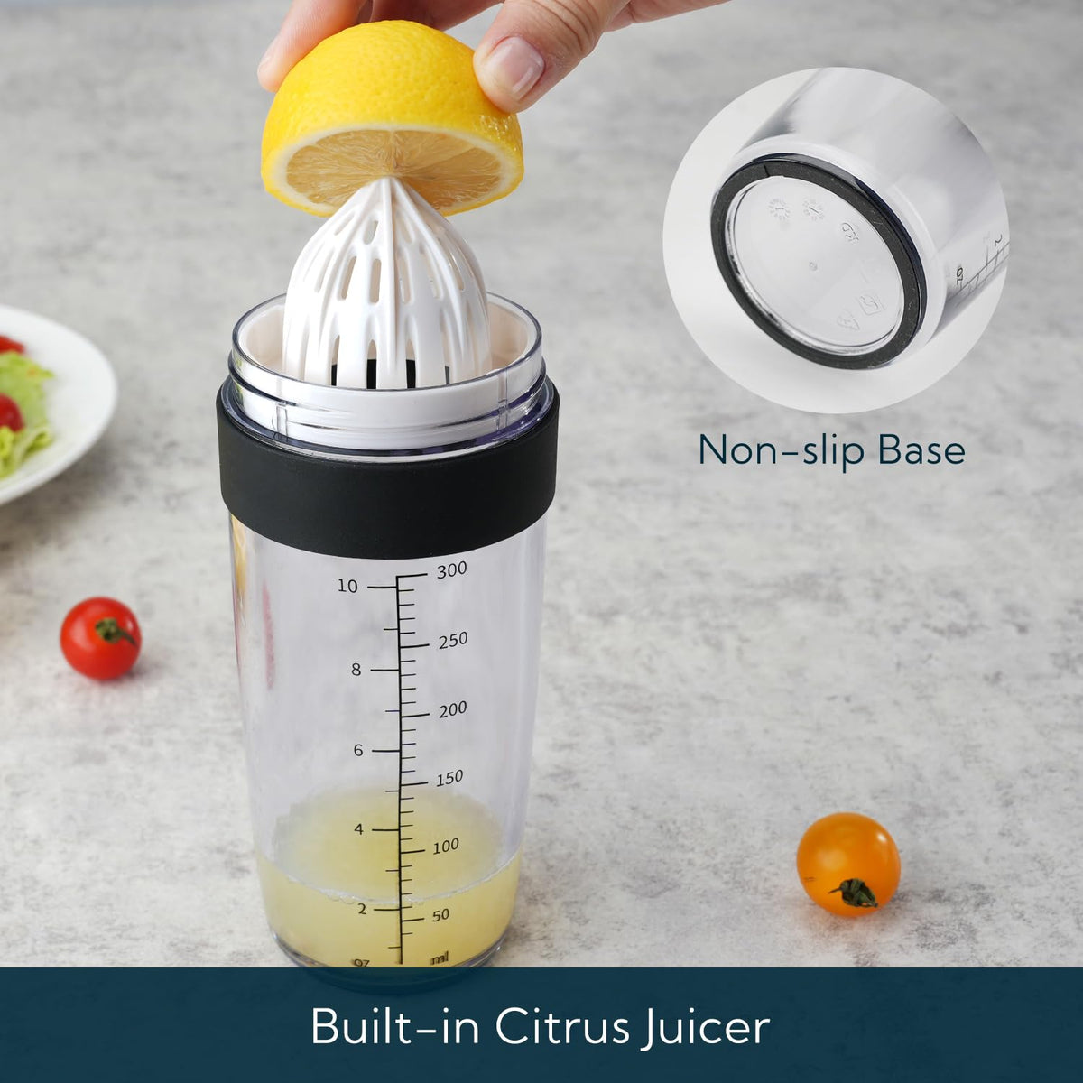 2 in 1 Salad Dressing Shaker Container with Juicer, Pour Spout, Leakproof, Dishwasher Safe, BPA Free, Travel Homemade