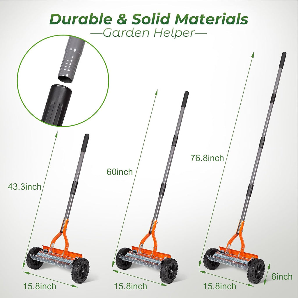 Manual Lawn Dethatcher Rake with Wheels, Adjustable Handle | 15.8-Inch Rake Head, 76.8-Inch Adjustable Handle And