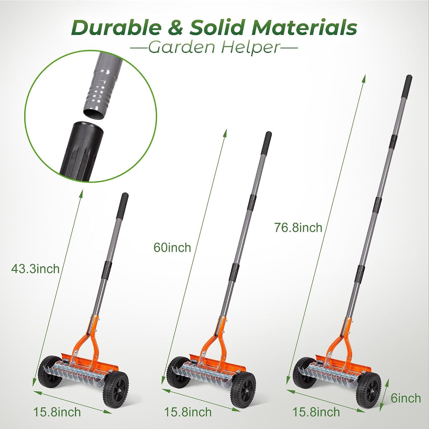 Manual Lawn Dethatcher Rake with Wheels, Adjustable Handle | 15.8-Inch Rake Head, 76.8-Inch Adjustable Handle And