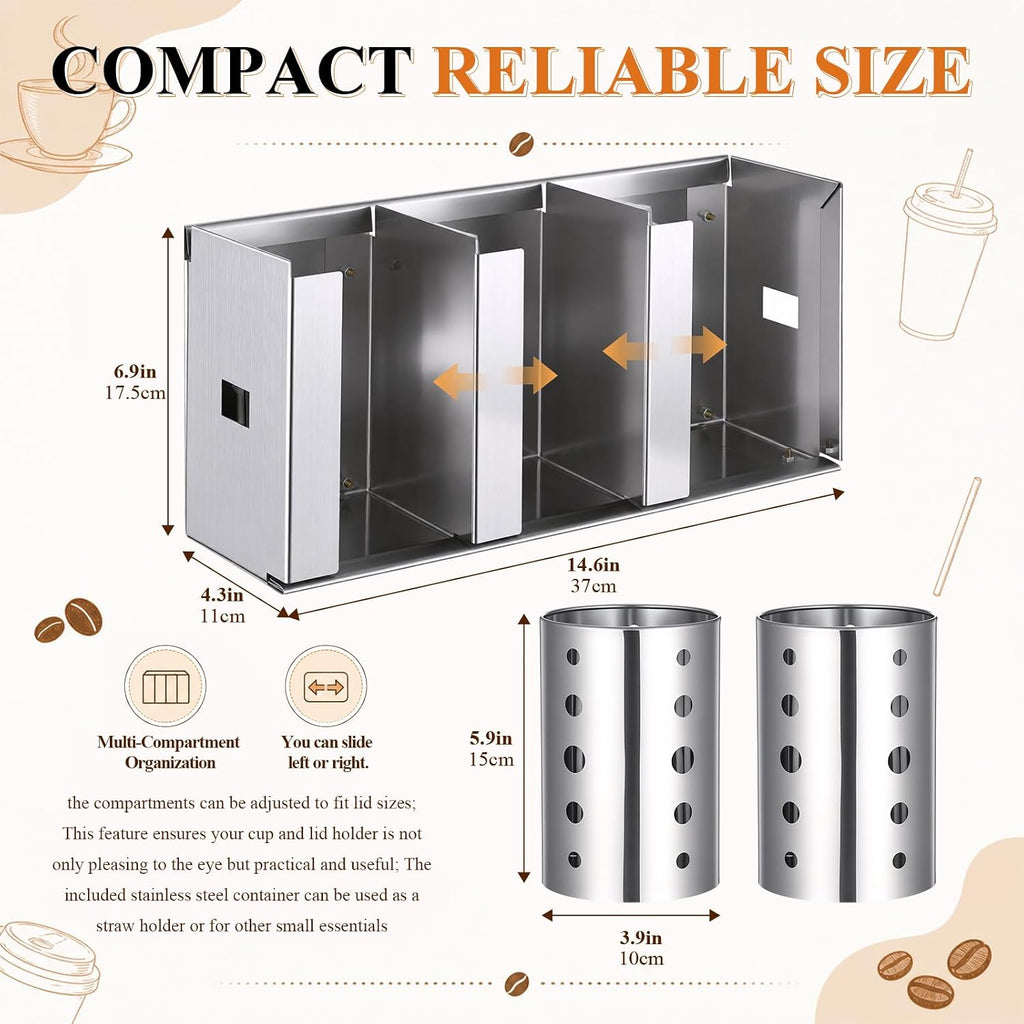 3 Compartments Stainless Steel Cup Dispenser with 2 Straw Holder