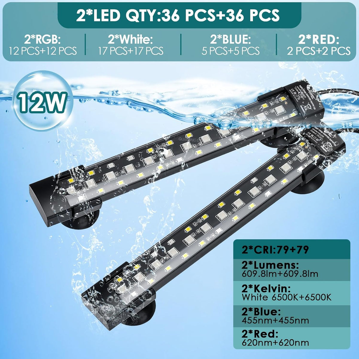 Dual-Channel Controller Submersible Aquarium LED Light, 24/7 Mode Full Spectrum Hidden Fish Tank Light with 3 Rows
