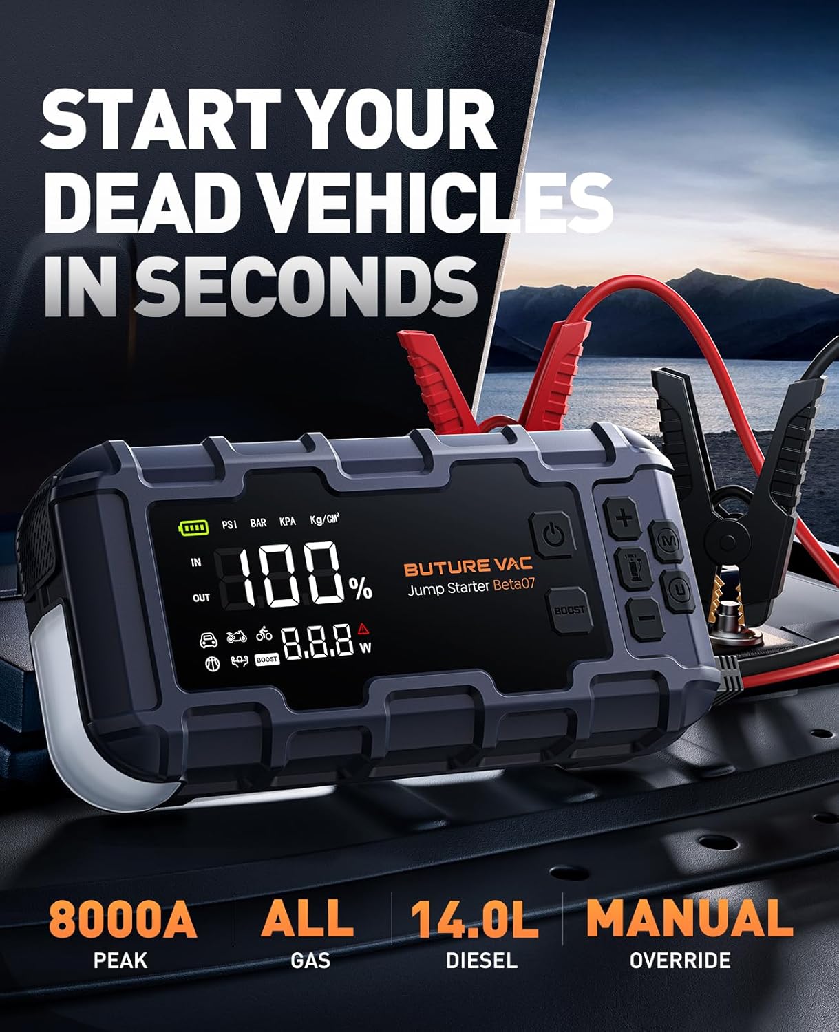 Portable 10-in-1 Car Battery Jump Starter with Air Compressor 8000A 160PSI 45W Charger, Jump Starter Jump Box (All
