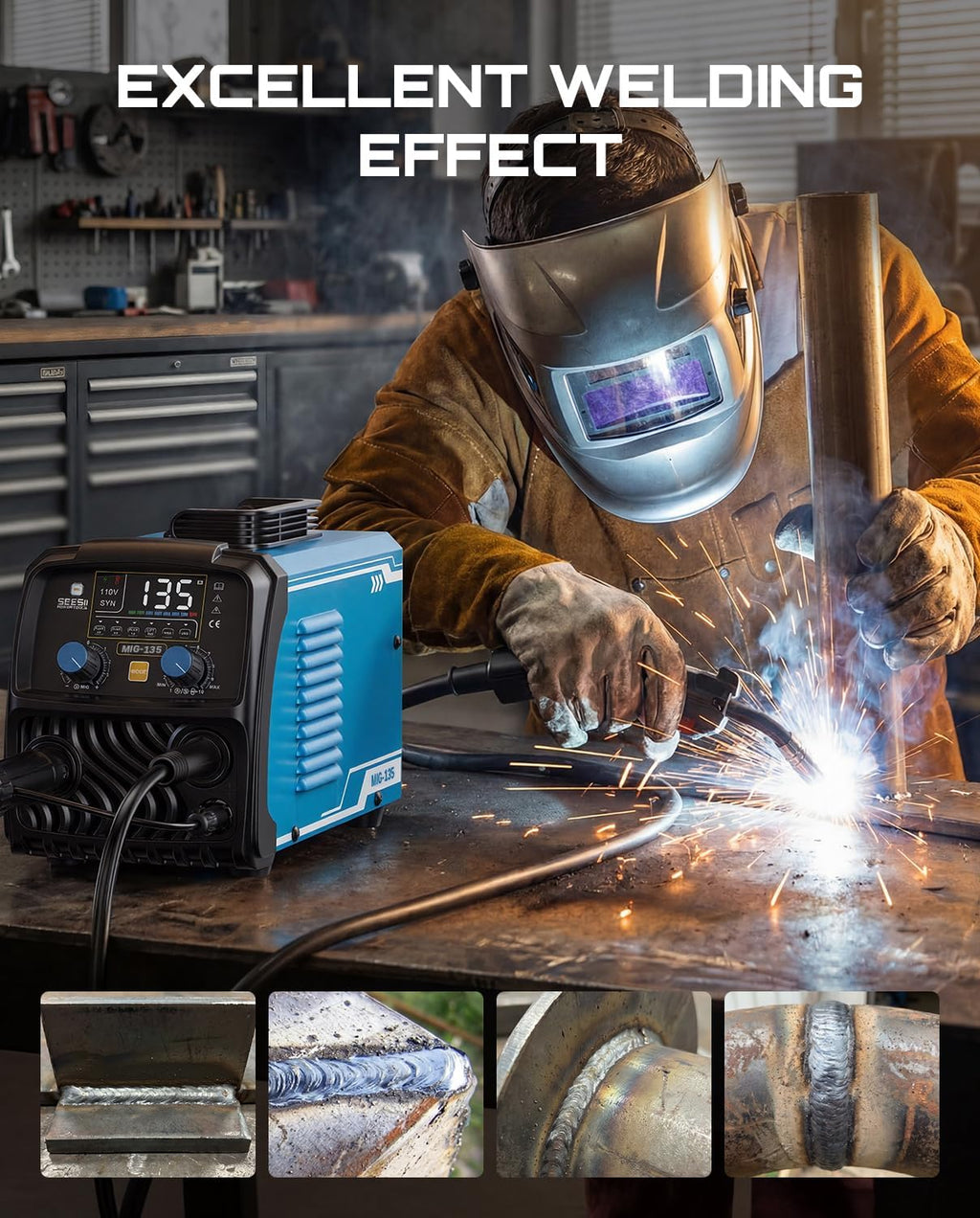 135A MIG Welder 110V - 3-in-1 Gasless Flux Core/Lift TIG/Stick Welding Machine, 7.7lbs Portable IGBT Inverter, Large