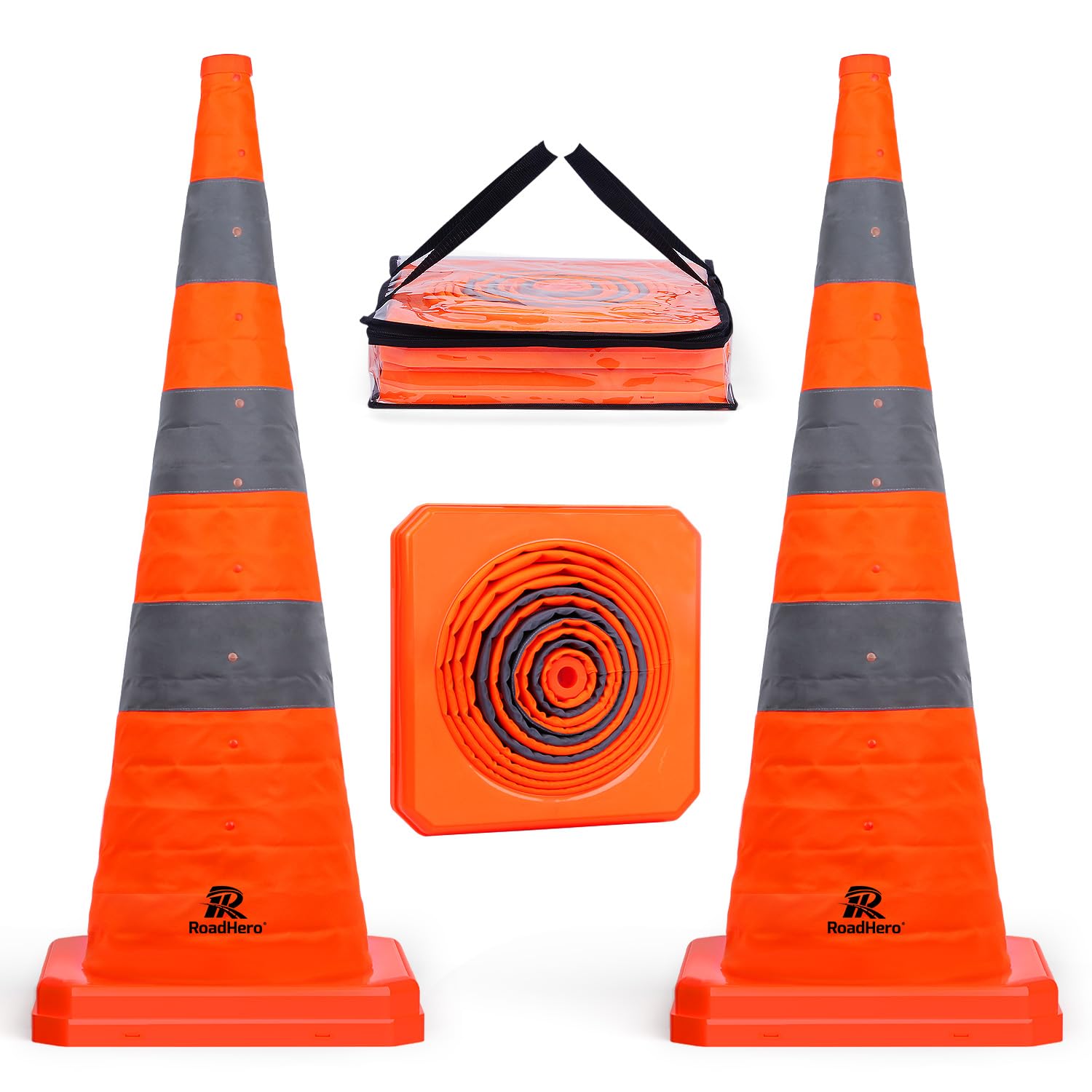 36 Inch Orange Collapsible Traffic Safety Cones with Bag, 2 Pack | Multi Purpose Pop-up, Reflective Collar, Road