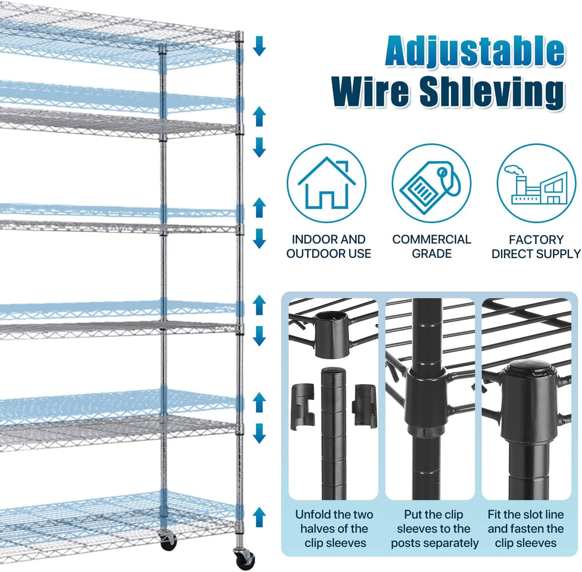 6 Tier Wire Shelving Unit with Wheels 48" X 18" X 76" Metal Storage Shelves Height Adjustable NSF Heavy Duty