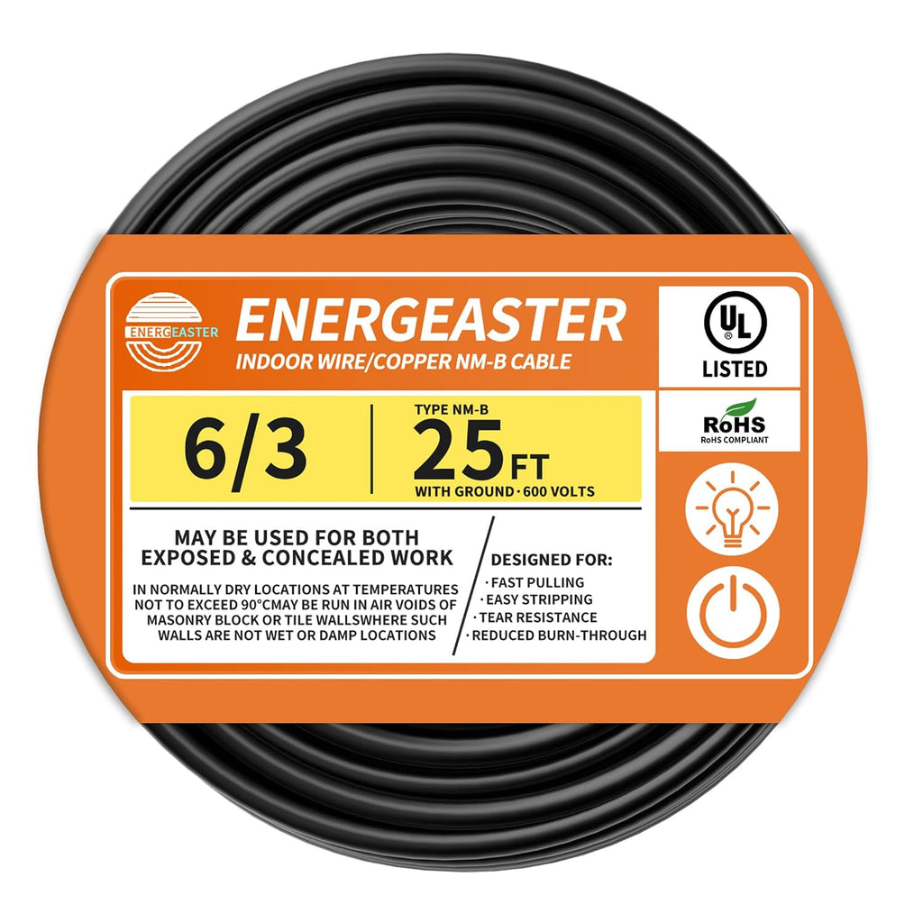 Energeaster Stranded Indoor 6/3 NM-B Copper Cable with Ground 25FT, Black