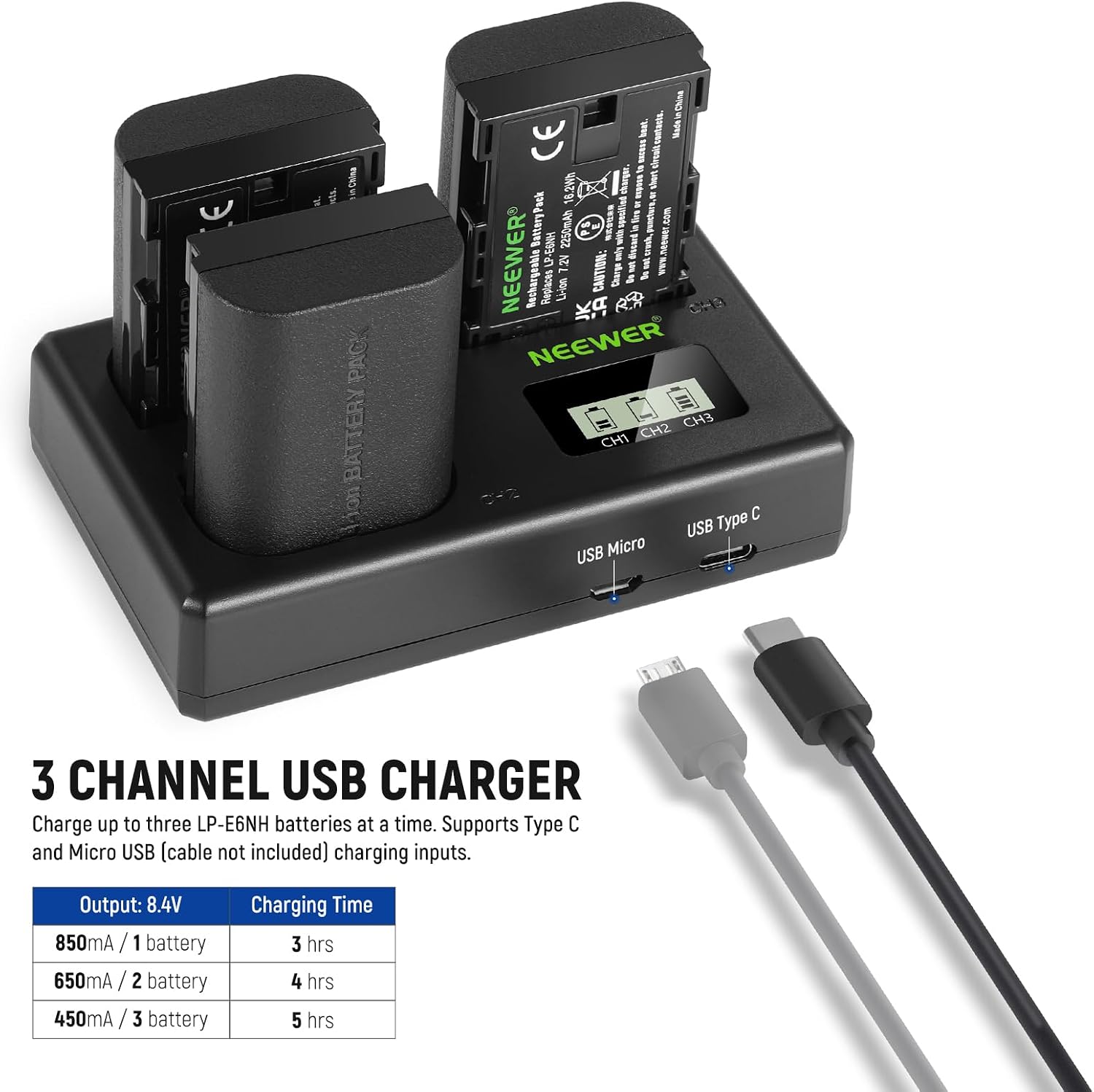 Replacement Battery and Charger Set for LP-E6NH | 2250 mAh Replacement Battery, Triple Slot USB Charger, Compatible