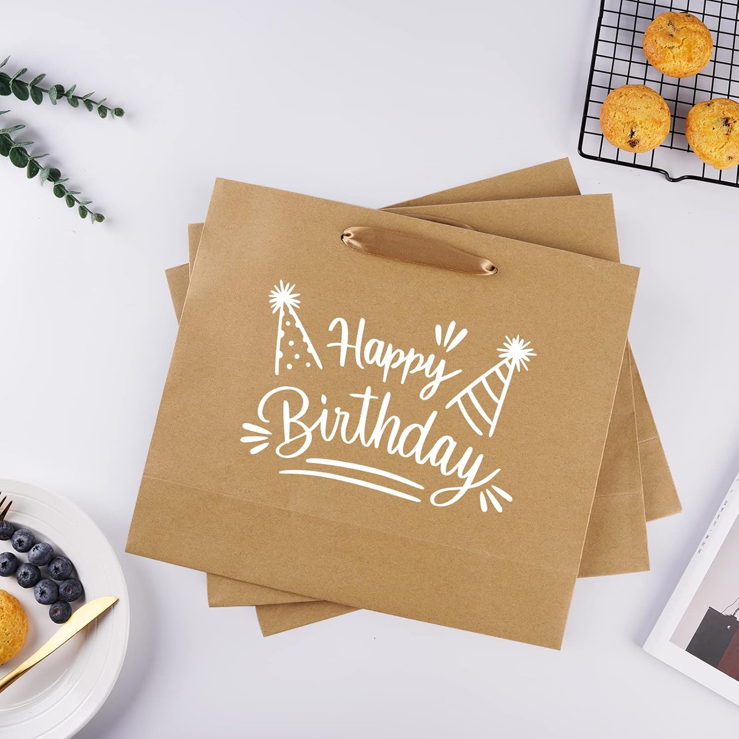 12.5" Large Brown Gift Bags for Presents with Tissue Paper & Ribbon Handles for Shopping, Small Business, Birthday