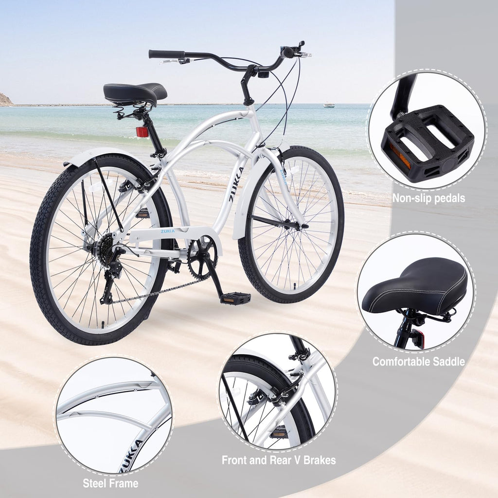 26 Inch Men's Beach Cruiser Bike Commuter Bicycle for Adult Men and Women with Dual V-Brake and Adjustable Seat, 7