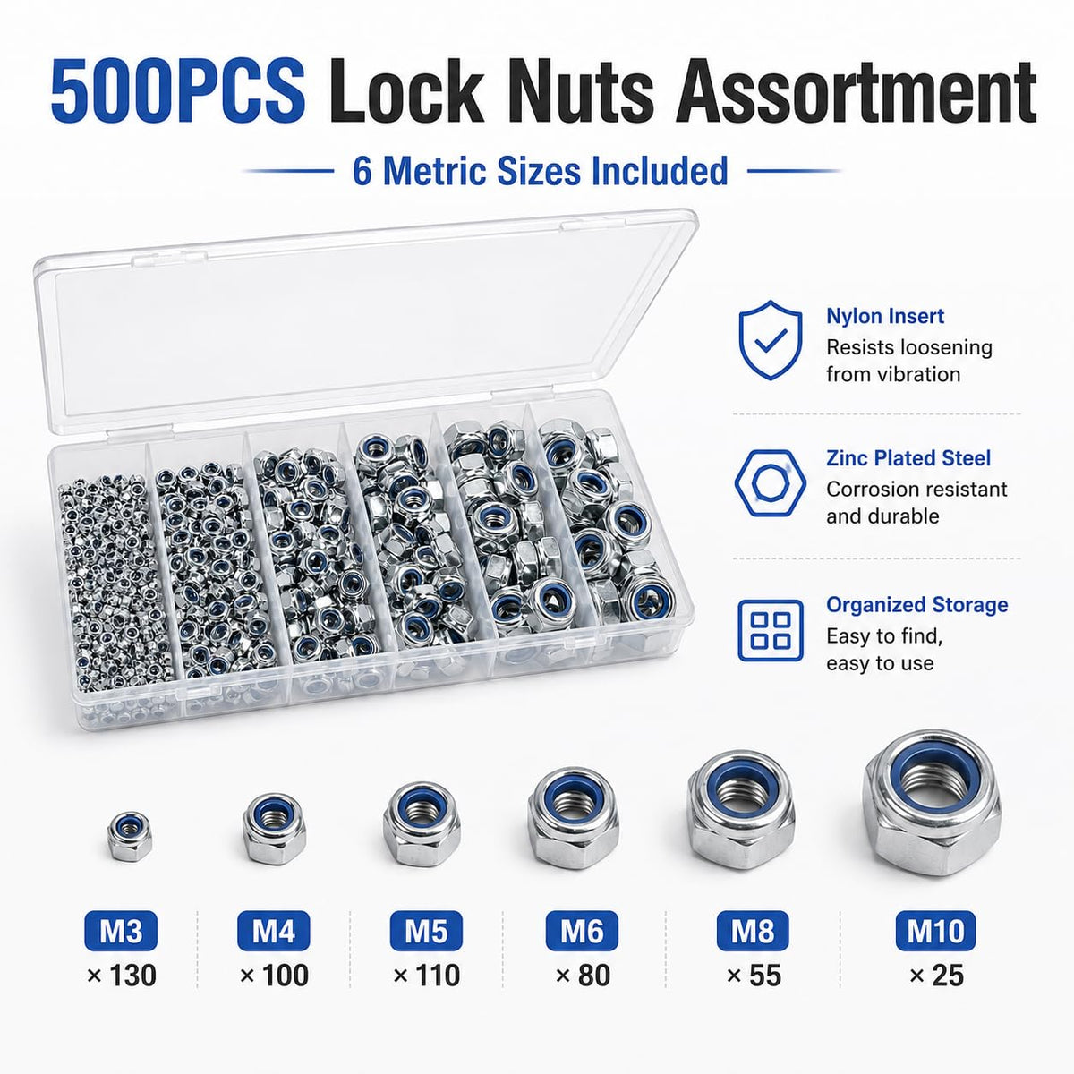 500PCS Metric Nylon Insert Lock Nuts Kit, M3 M4 M5 M6 M8 M10