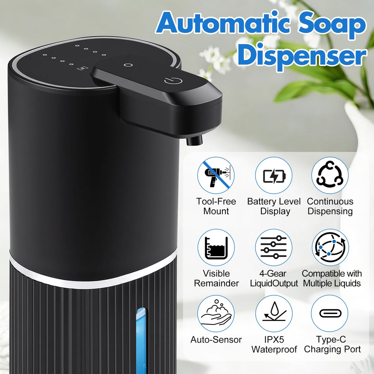 Automatic Soap Dispenser, Foaming Soap Dispenser Touchless with Continuous Dispensing, 4-Level Adjustable
