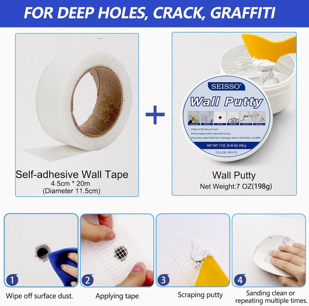 Drywall Repair Kit, White- Wall Mending Agent 250 g* 2, Wall Repair Paste Plaster, 1 Pack Wall Putty, Repair Tape and