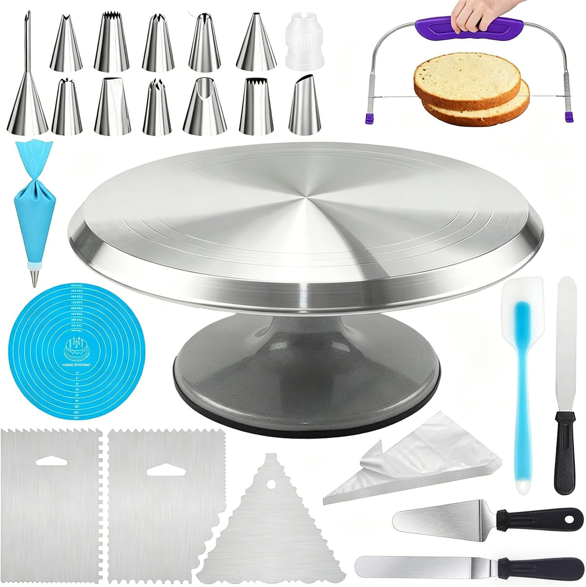 Cake Decorating Supplies Kit with 12" Aluminum Rotating Cake Turntable Stand, Professional Baking Tools, Cake