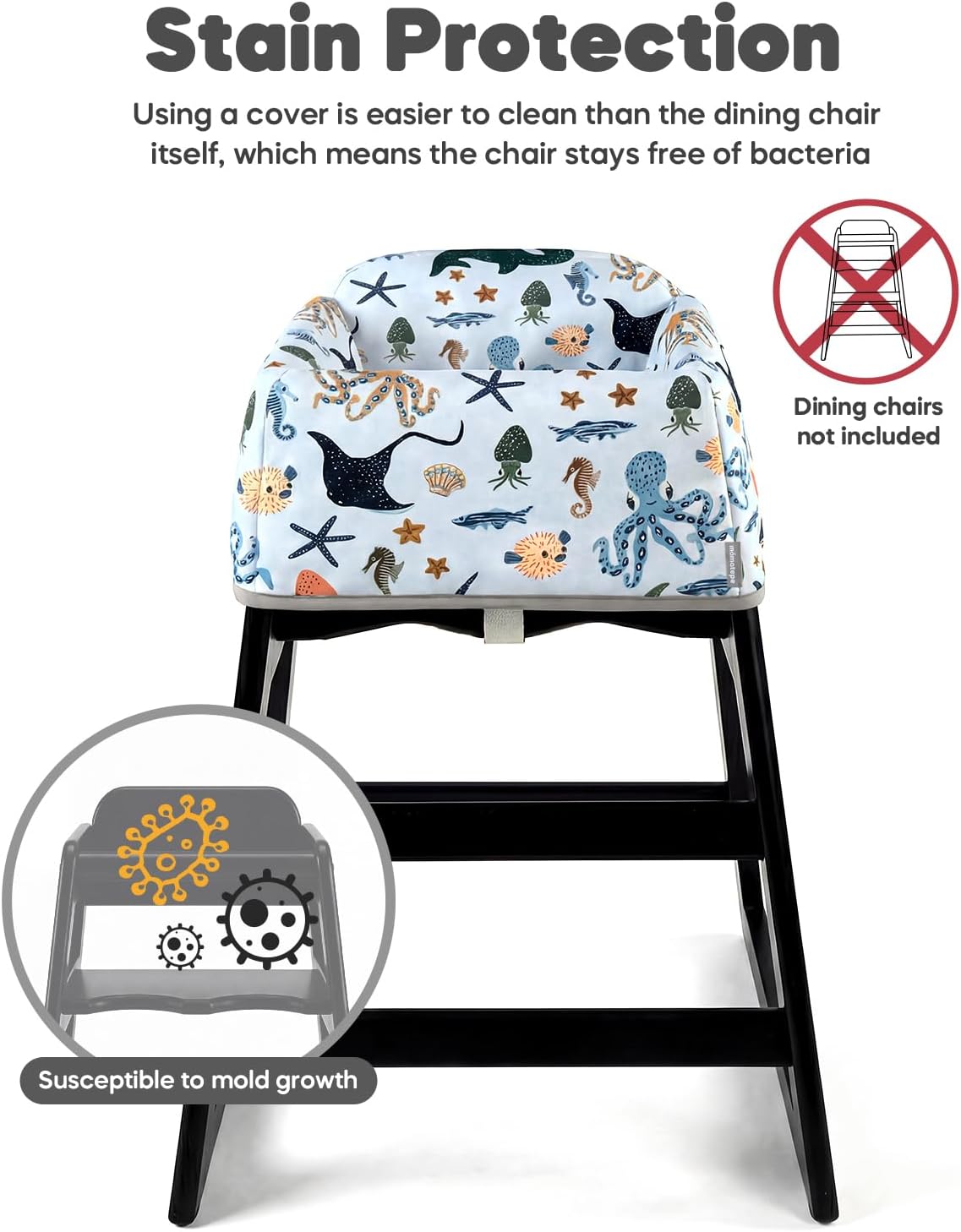 Reusable Baby High Chair Cover with Strap Pads & 2-Point Harness, Waterproof Washable Portable Seat Liner for Wooden