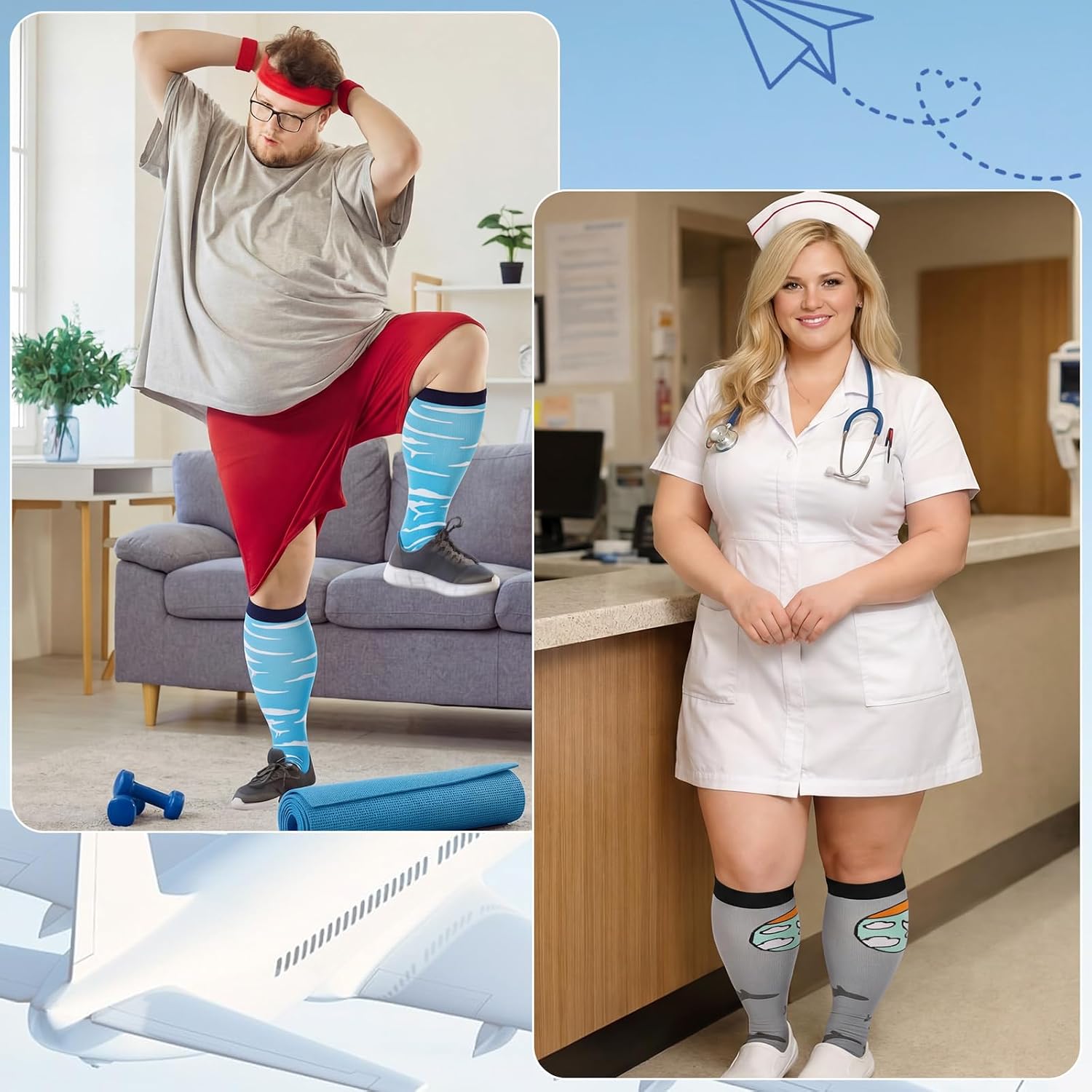 4 Pairs Plus Size Travel Compression Socks for Women Men 3xl Wide Calf Airplane Theme Knee High Compression Socks