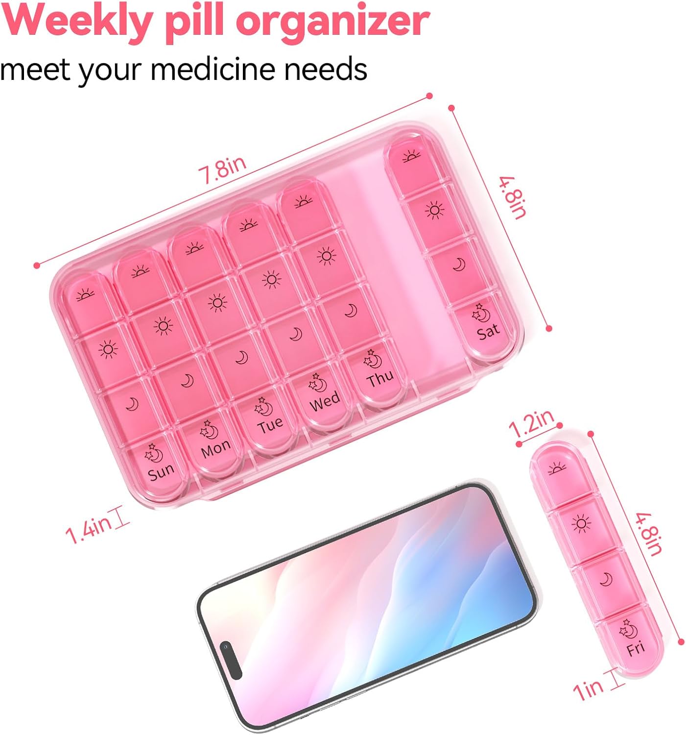 Pill Organizer 4 Times a Day, BPA Free Weekly Travel Pill Box，Daily Pill Case with 28 Compartments to Hold Medicine
