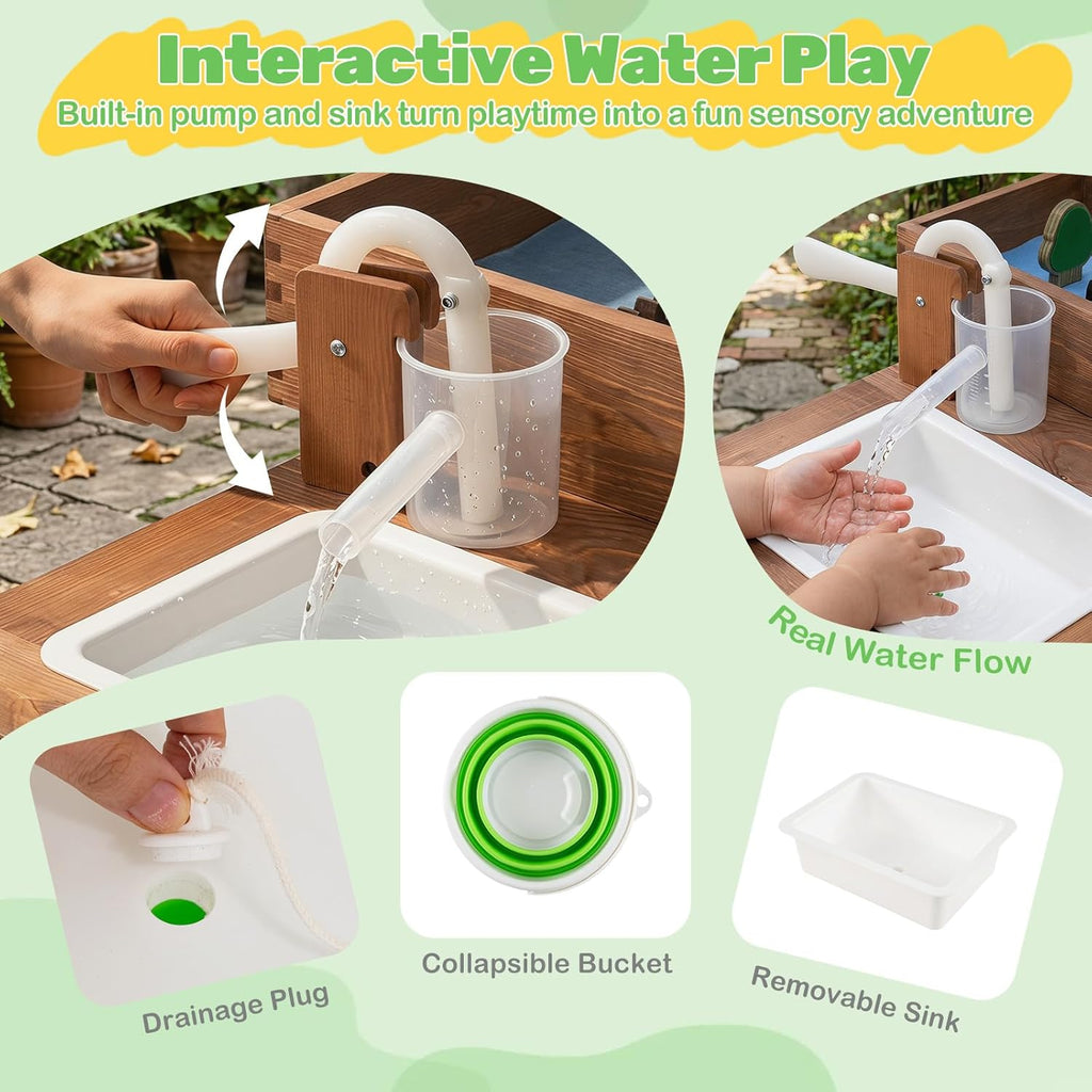 Sensory Table with Water Pump & Sink, Toddler Activity Table with 33 Sand Table Toys, Toy Bucket, Shovel & Rake