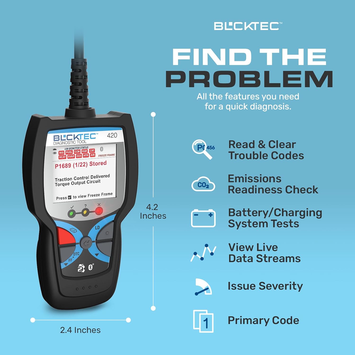 420 Bluetooth OBD2 Scanner Diagnostic Tool - Vehicle Code Reader for Car - Clears Check Engine Light - Comes with