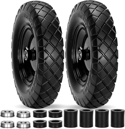 Upgraded 16" Flat Free Wheelbarrow Wheels and Tires, 4.80/4.00-8 Solid Tires with 5/8" & 3/4" Bearings,14"-16"
