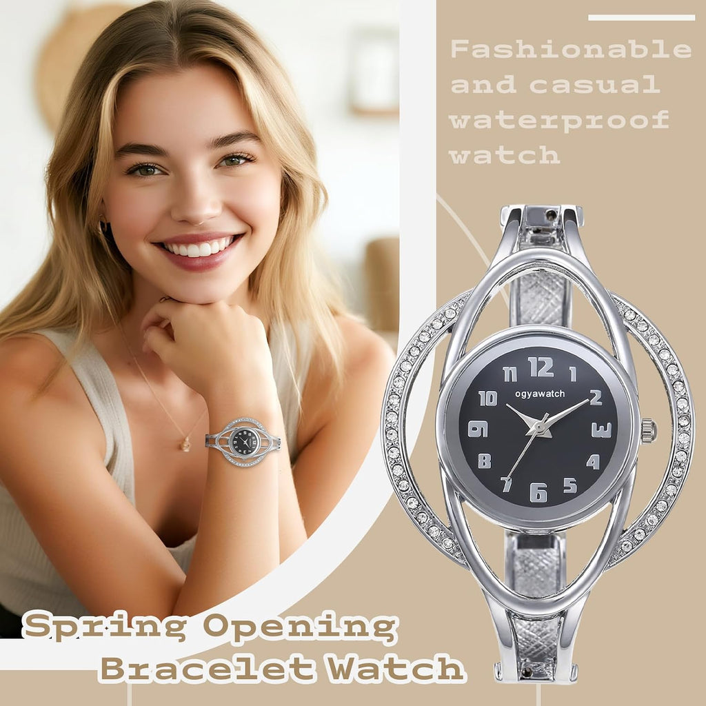 Bracelet Watches for Women: Stainless Steel Chunky Cuff Wrisrwatch - Analog Quartz Arabic Numerals Dial with Zircon