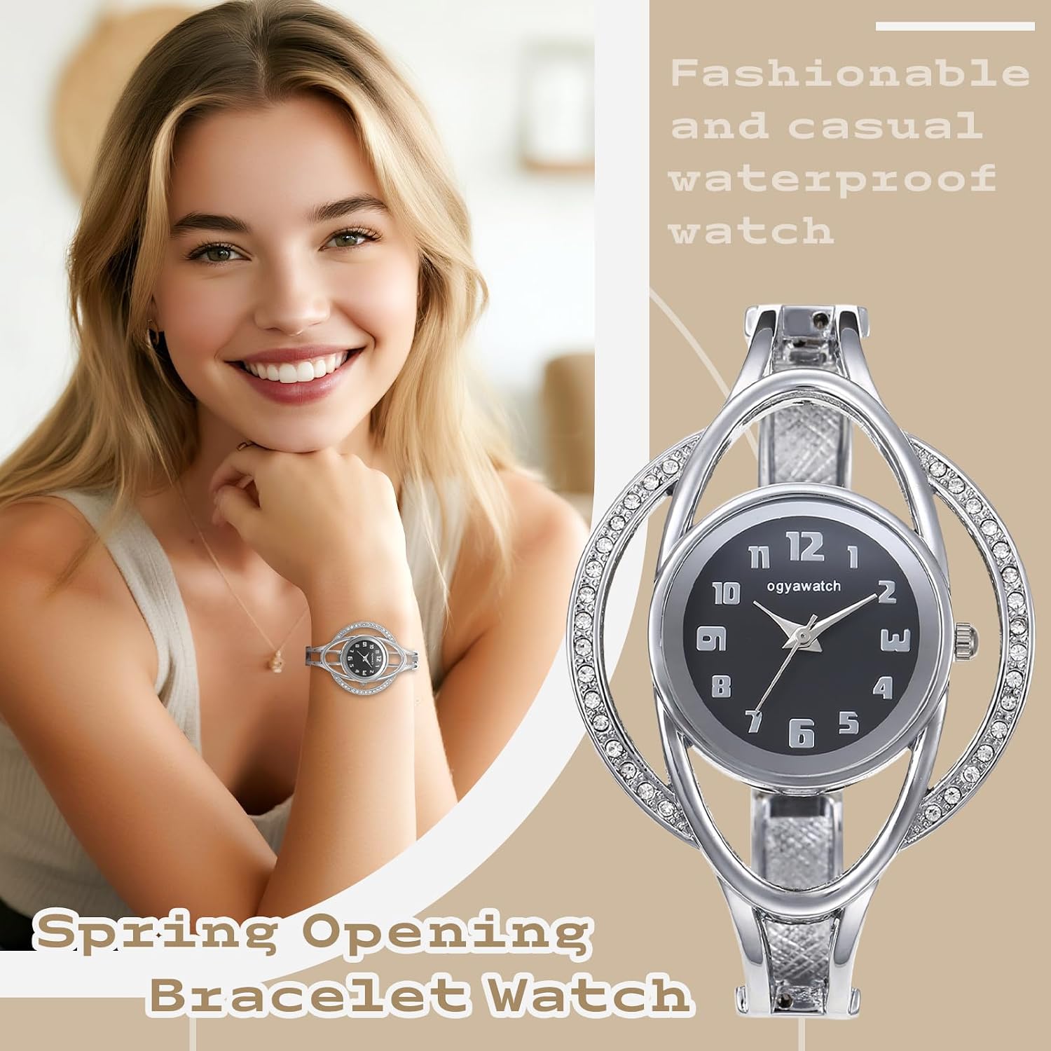 Bracelet Watches for Women: Stainless Steel Chunky Cuff Wrisrwatch - Analog Quartz Arabic Numerals Dial with Zircon