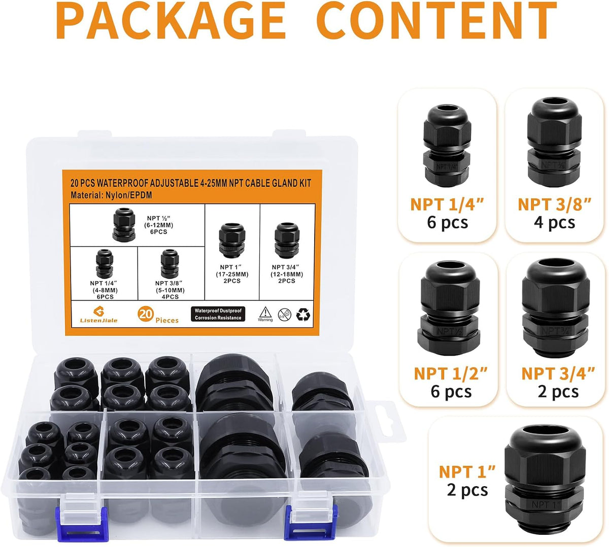 Cable Gland Waterproof, 20Pcs Nylon NPT Cable Gland Kit, Black