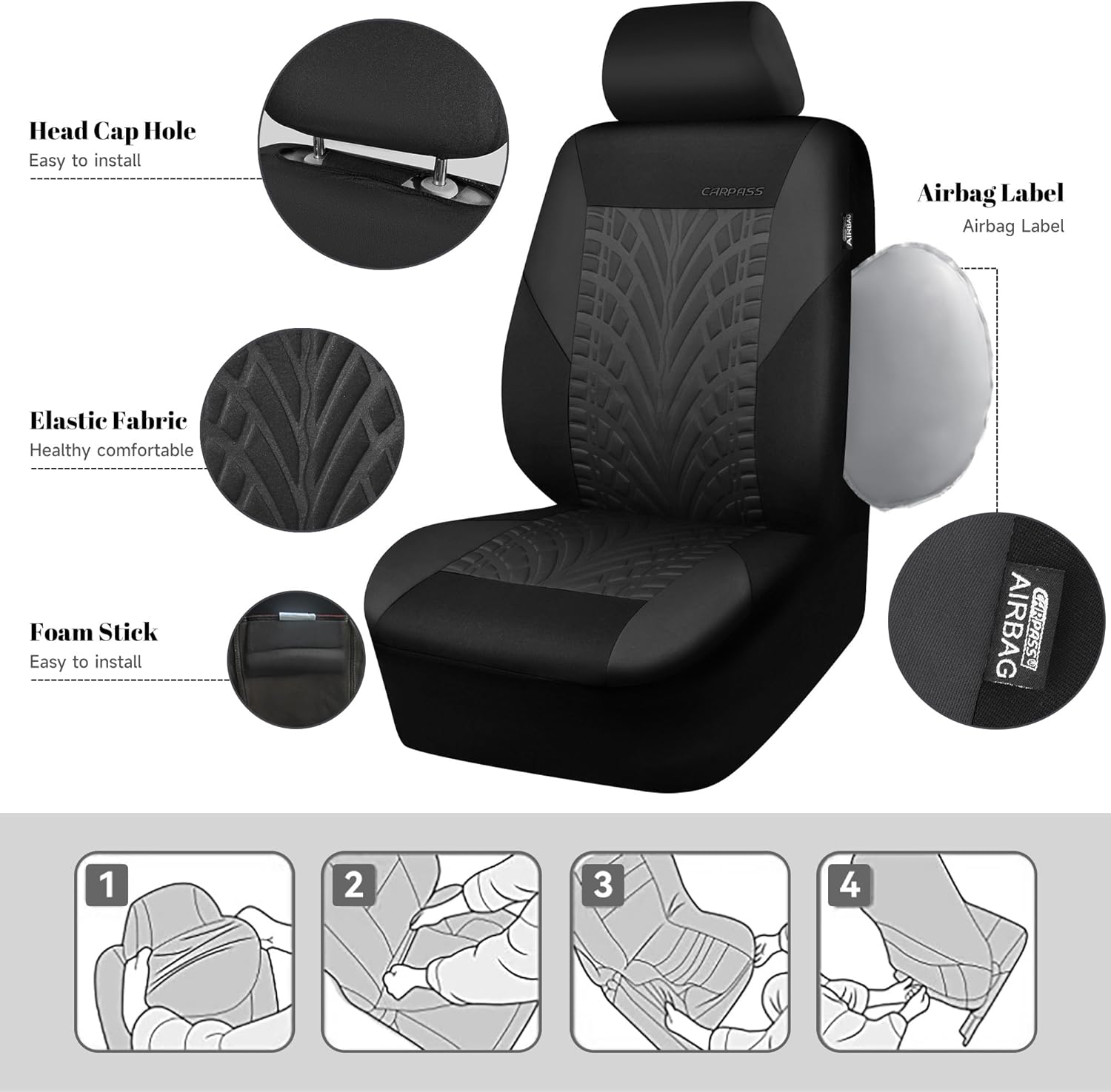 Car Seat Covers Full Sets, Front & Split Rear Bench for Car, 3D Tyre Embossed Automotive Interior Covers, Airbag