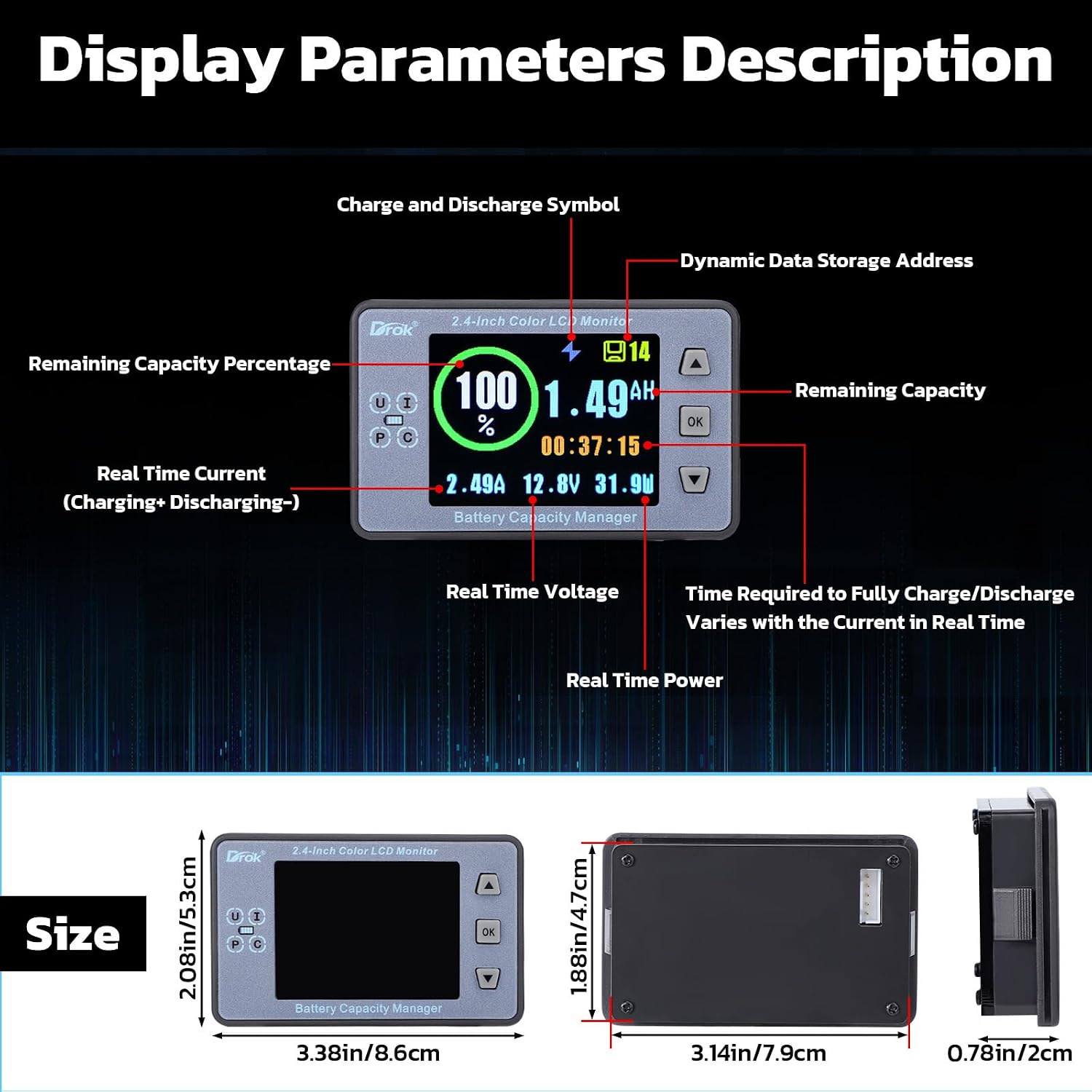 Coulometer, DC 8-100V 100A Battery Monitor 12V 24V 36V 48V 60V Volt Amp Watt Meter, 2.4 inch LCD Color Screen