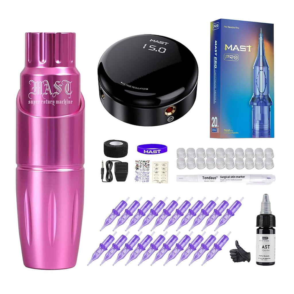 Mast Tour Tattoo Kit Tattoo Pen Kit Complete with Rotary Tattoo Machine for Beginners 20 Pro Cartridges Needles Full