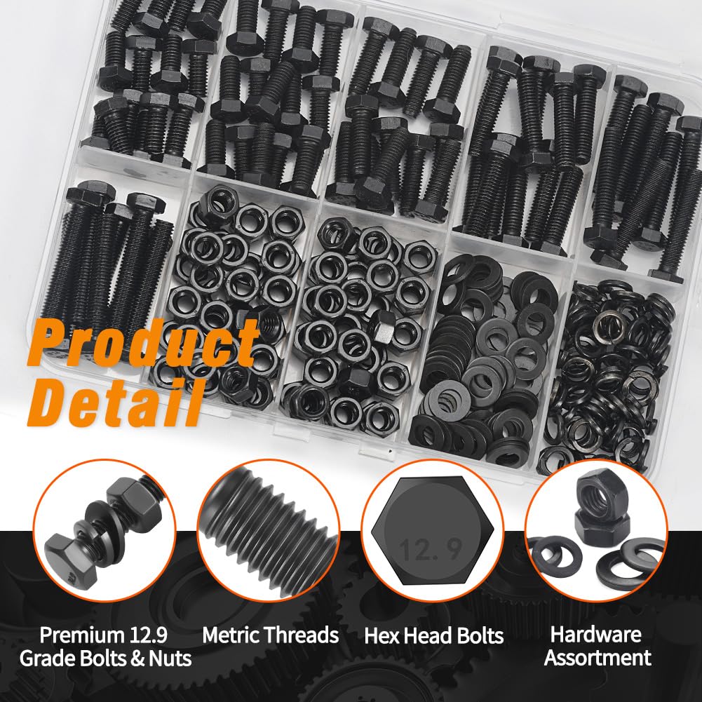 12.9 Grade Bolts and Nuts Assortment, 280pcs M5 Hex Bolt Nut Washers Kit