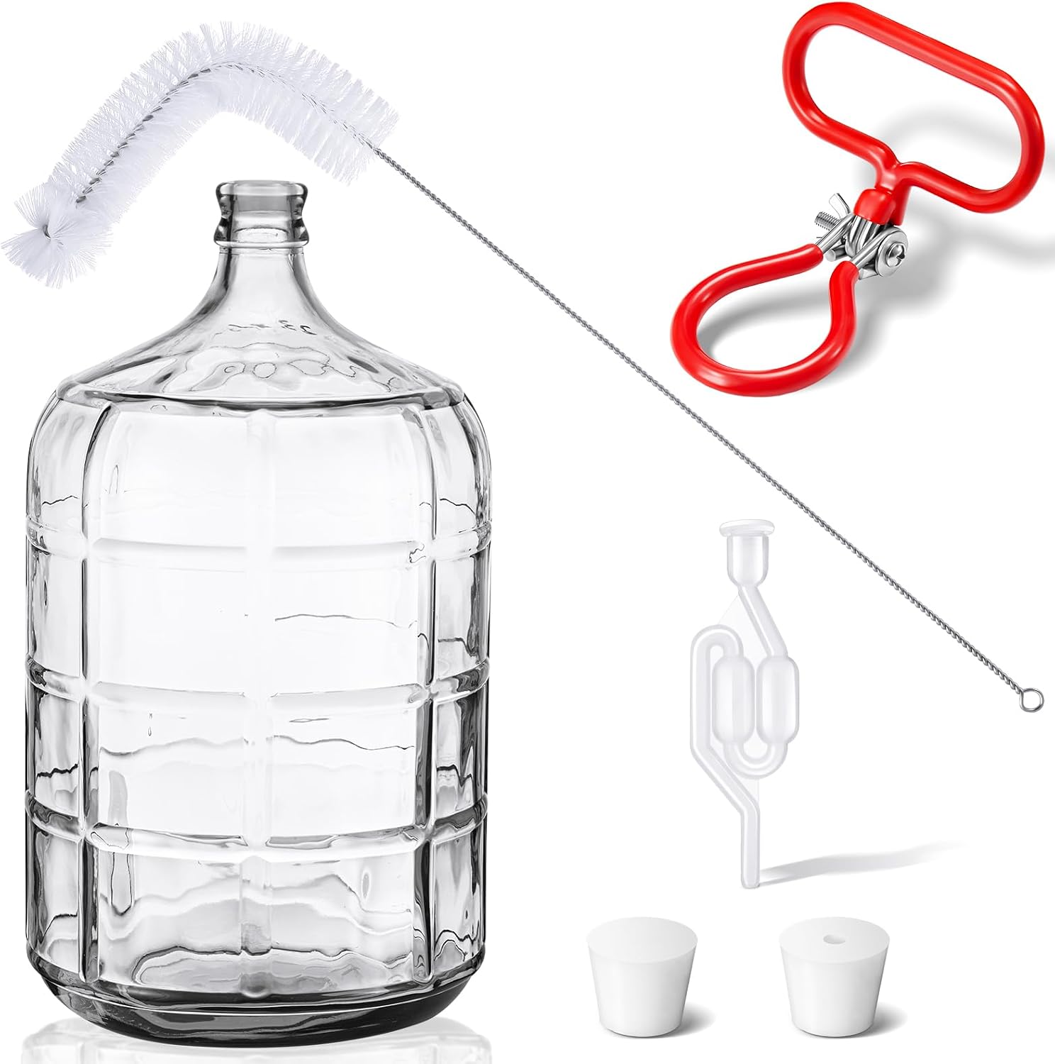 5 Gallon Glass Carboy Set, 5 Gallon Glass Water Jug with Drilled & Undrilled Rubber Stoppers, Bubble Airlock, Handle