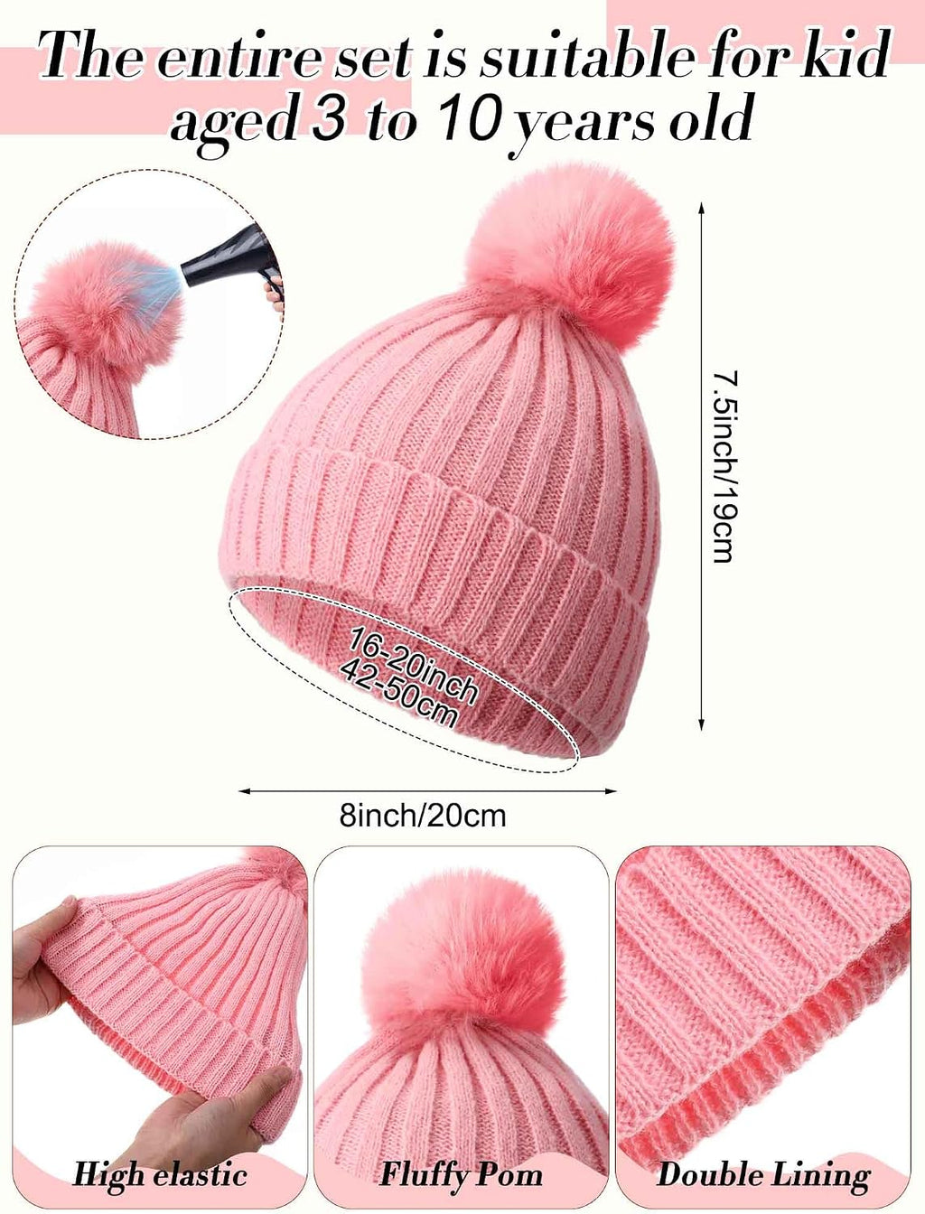 2 Sets Kids Winter Hat Gloves Scarf Set Girls and Boys Knit Hat with Pom Warm Scarf Snow Gloves for 3-10 Years Toddler