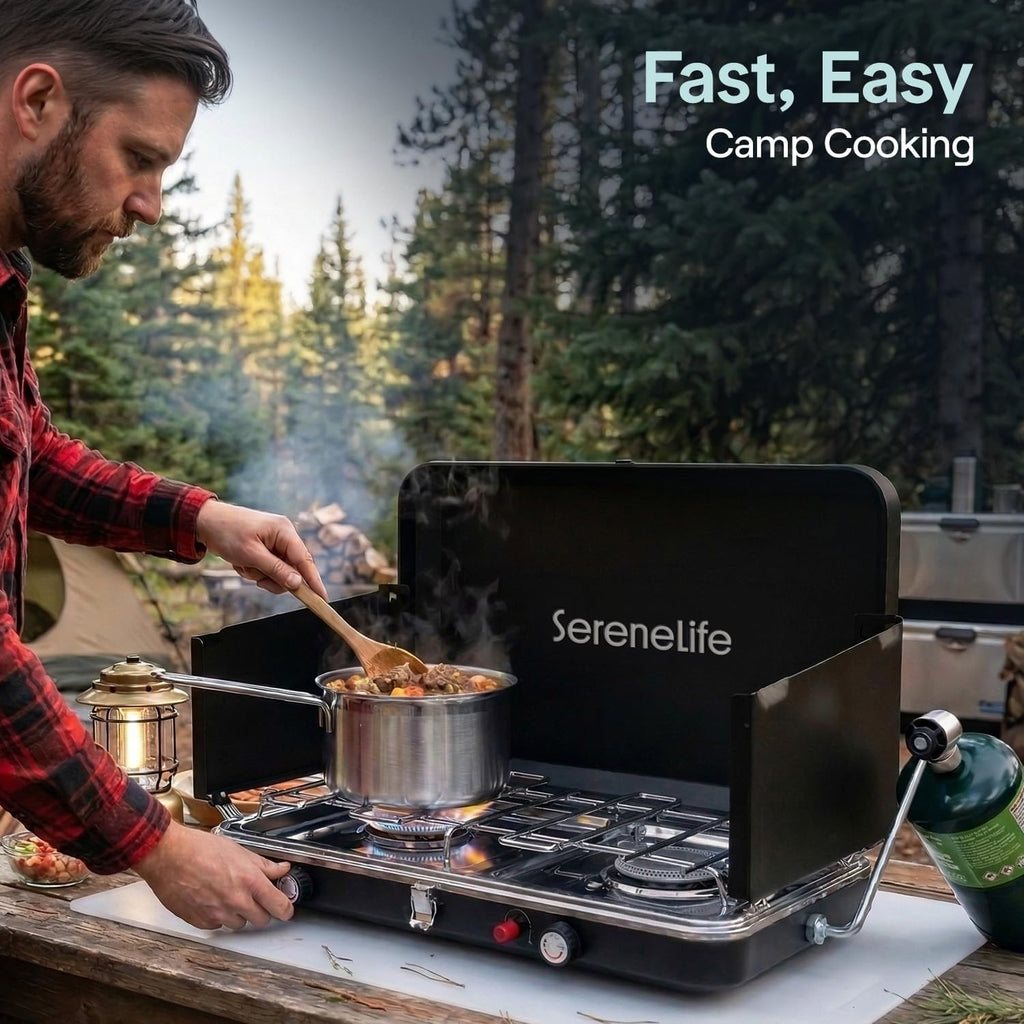 Camping Stove 2 Burner Propane Portable Camp Stove 24,400 BTU with Wind Guards Adjustable Burners Push Button
