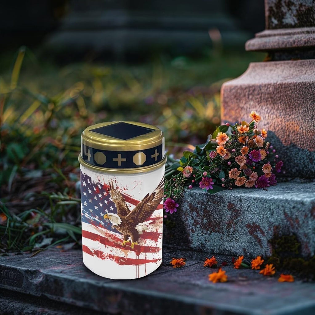 American Flag Solar Lights Outdoor for Cemetery US Flag Cemetery Solar Lights with Eagle Grave Decorations Waterproof