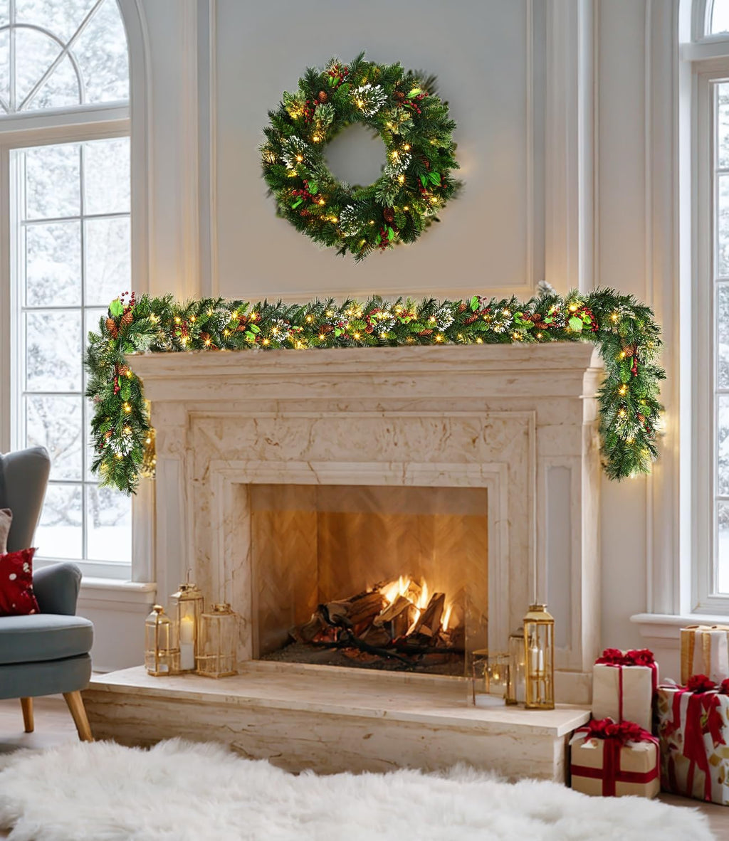 Christmas Wreath and Garland Set of 6, PreLit LED Artificial Christmas Décor with One Xmas Wreath and Arc Garland, 2