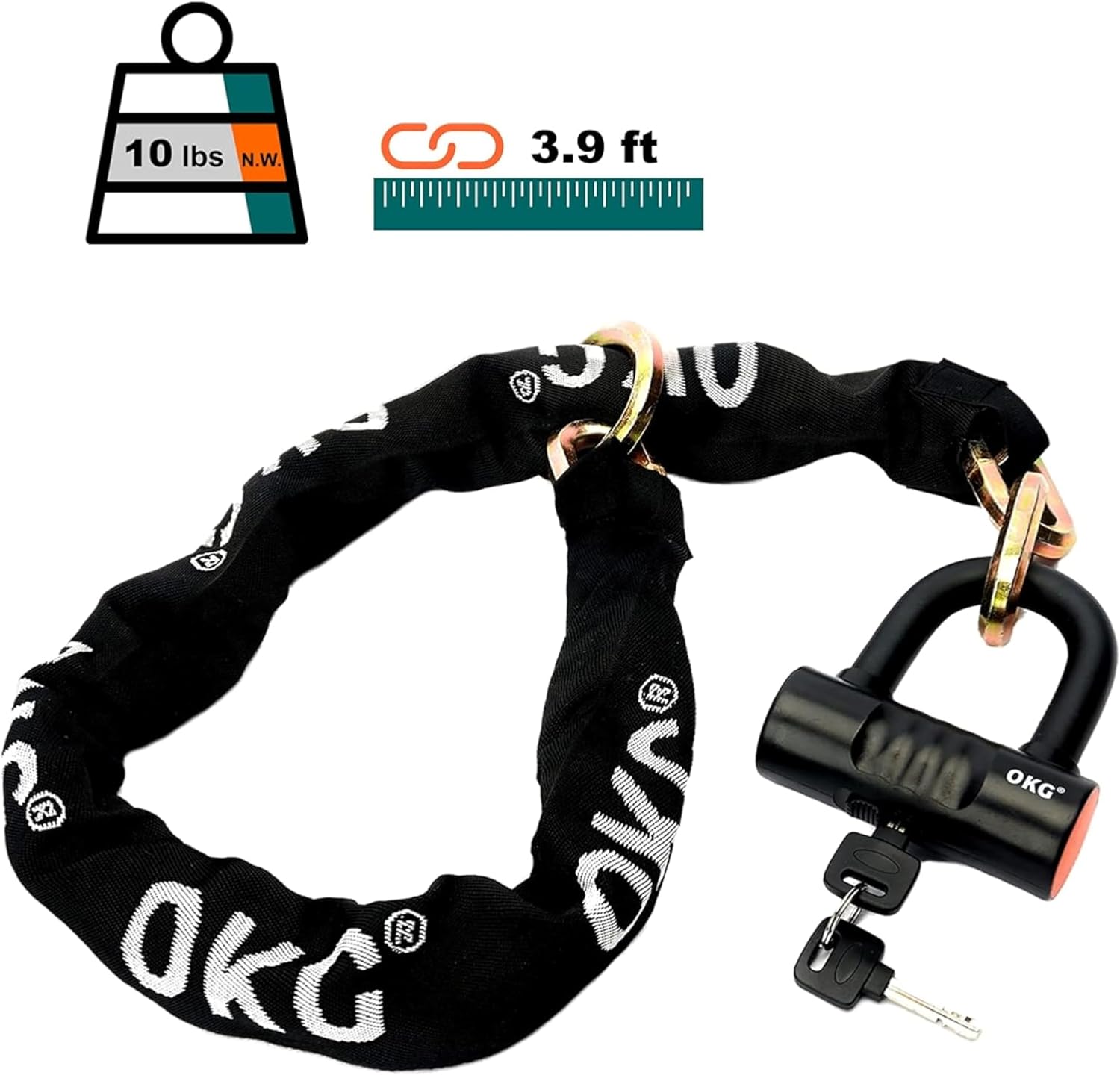 Heavy Duty Chain Lock - 4 Keys, 11lbs, 4 ft x 1/2 in (12mm) Thick Cinch Security Chain Combo 11/16" (18mm) Small U
