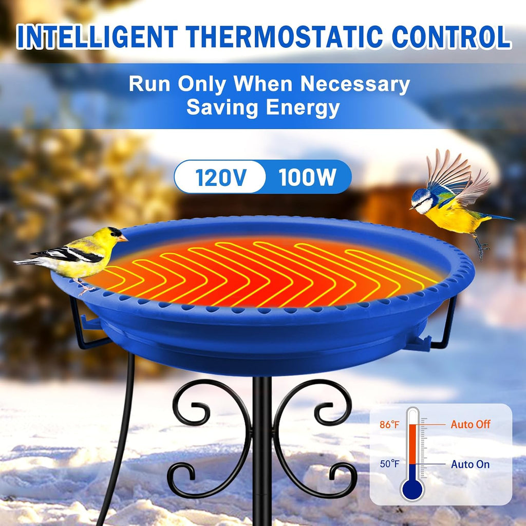 100W Heated Bird Baths for Outdoors, Winter Heated Birdbath, Blue