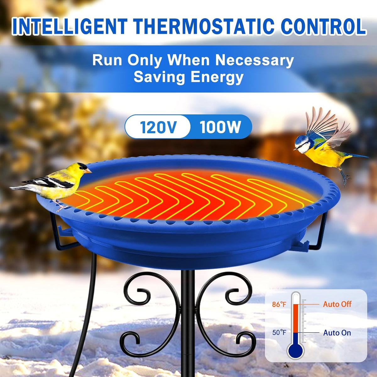 100W Heated Bird Baths for Outdoors, Winter Heated Birdbath, Blue