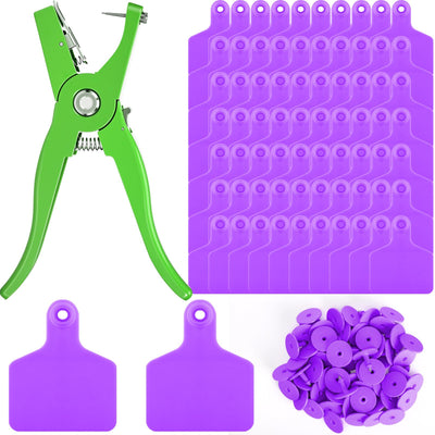 100 Pcs Blank Cattle Ear Tags with Pliers, Large Purple Plastic Tags
